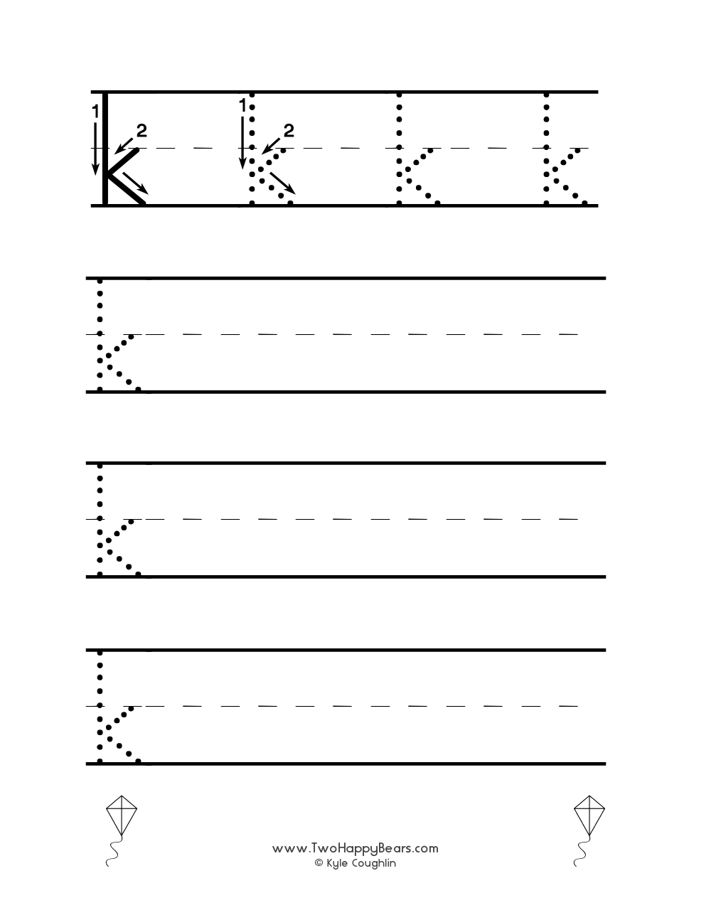 Lowercase letter K worksheet for tracing and drawing