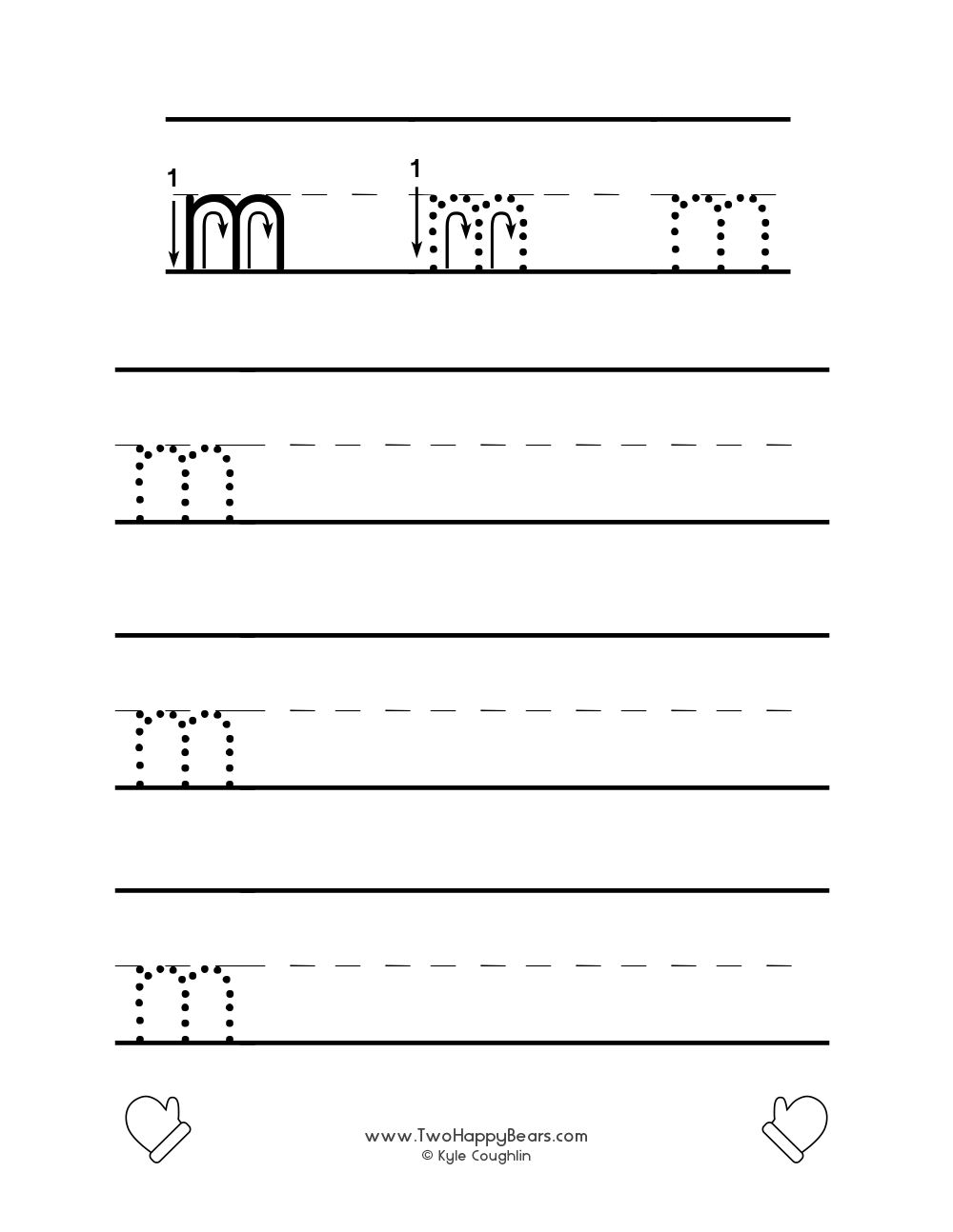 Lowercase letter M worksheet for tracing and drawing