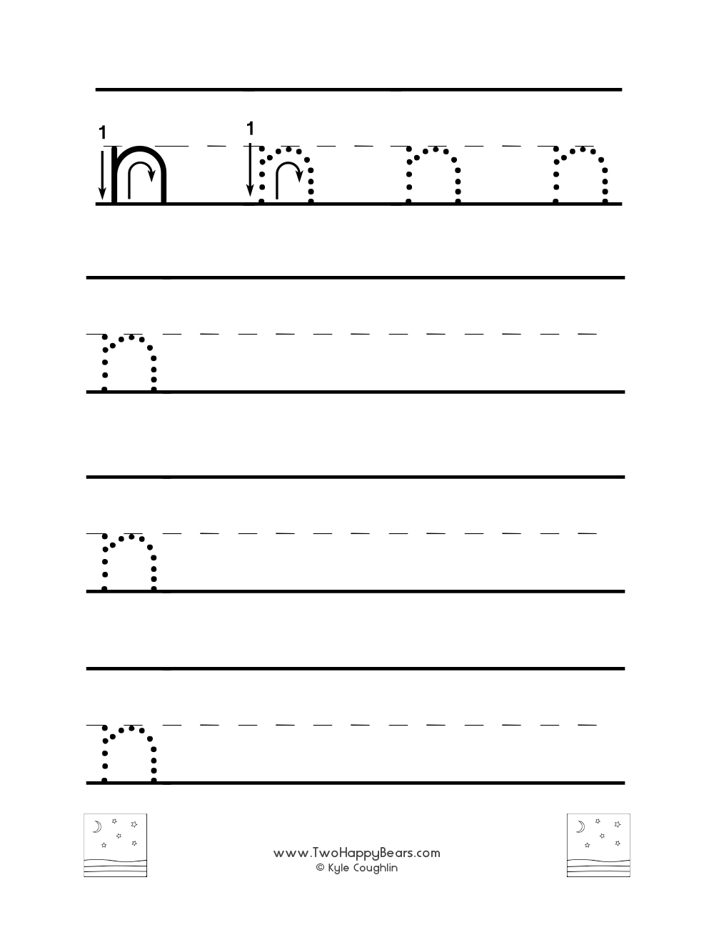 Lowercase letter N worksheet for tracing and drawing