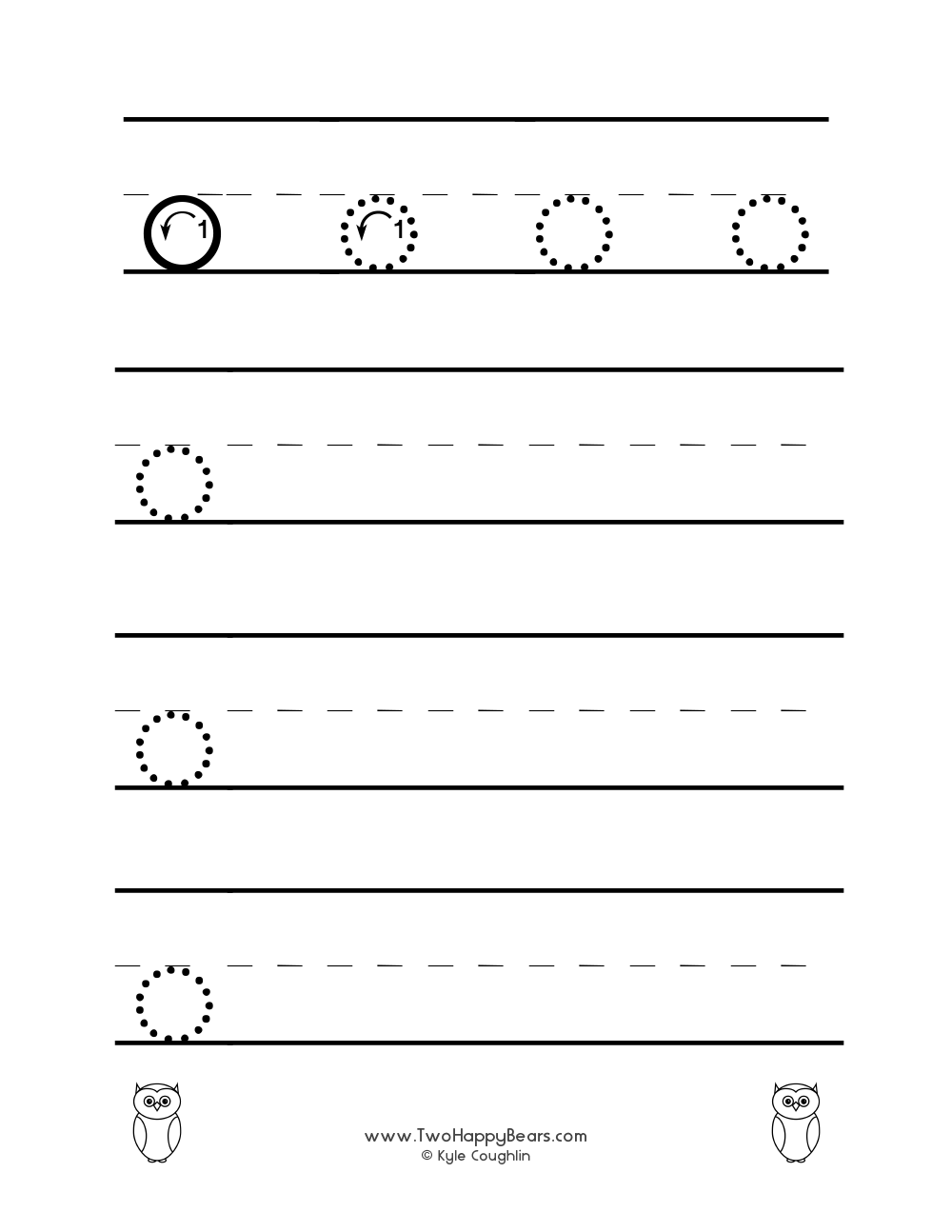 Lowercase letter O worksheet for tracing and drawing