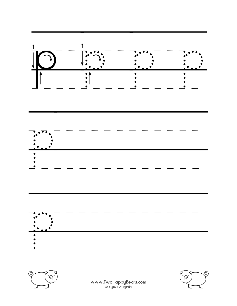 Lowercase letter P worksheet for tracing and drawing