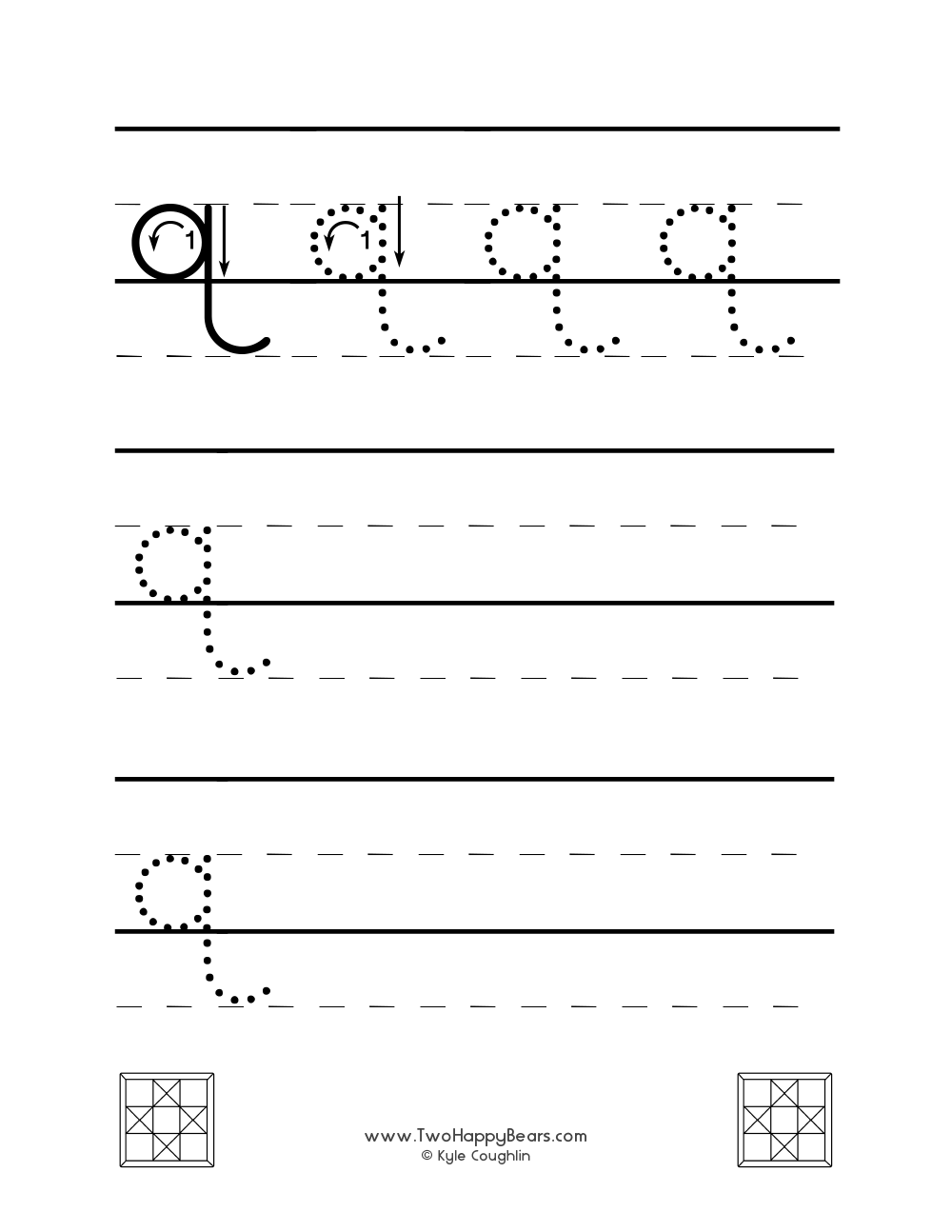 Lowercase letter Q worksheet for tracing and drawing