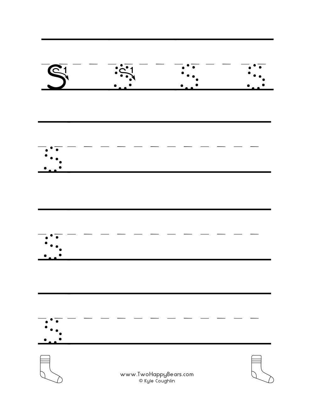 Lowercase letter S worksheet for tracing and drawing