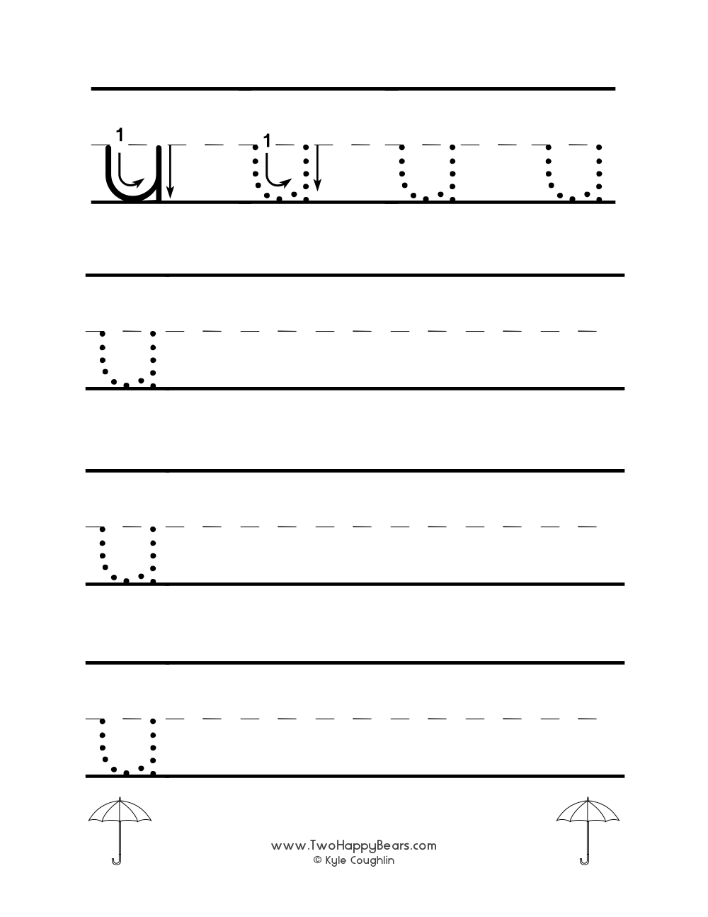 Lowercase letter U worksheet for tracing and drawing