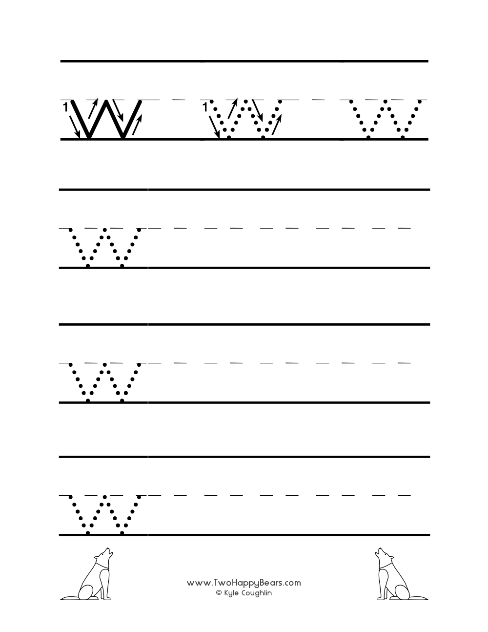 Lowercase letter W worksheet for tracing and drawing