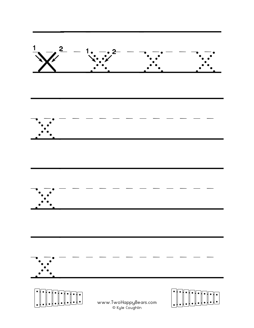 Worksheet for tracing and writing the lowercase letter X, in free printable PDF format.