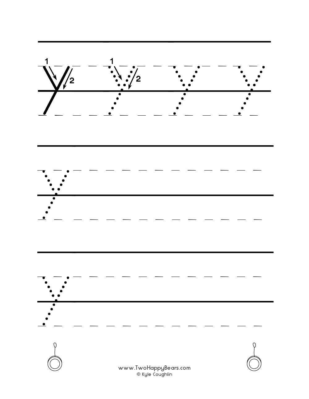 Lowercase letter Y worksheet for tracing and drawing