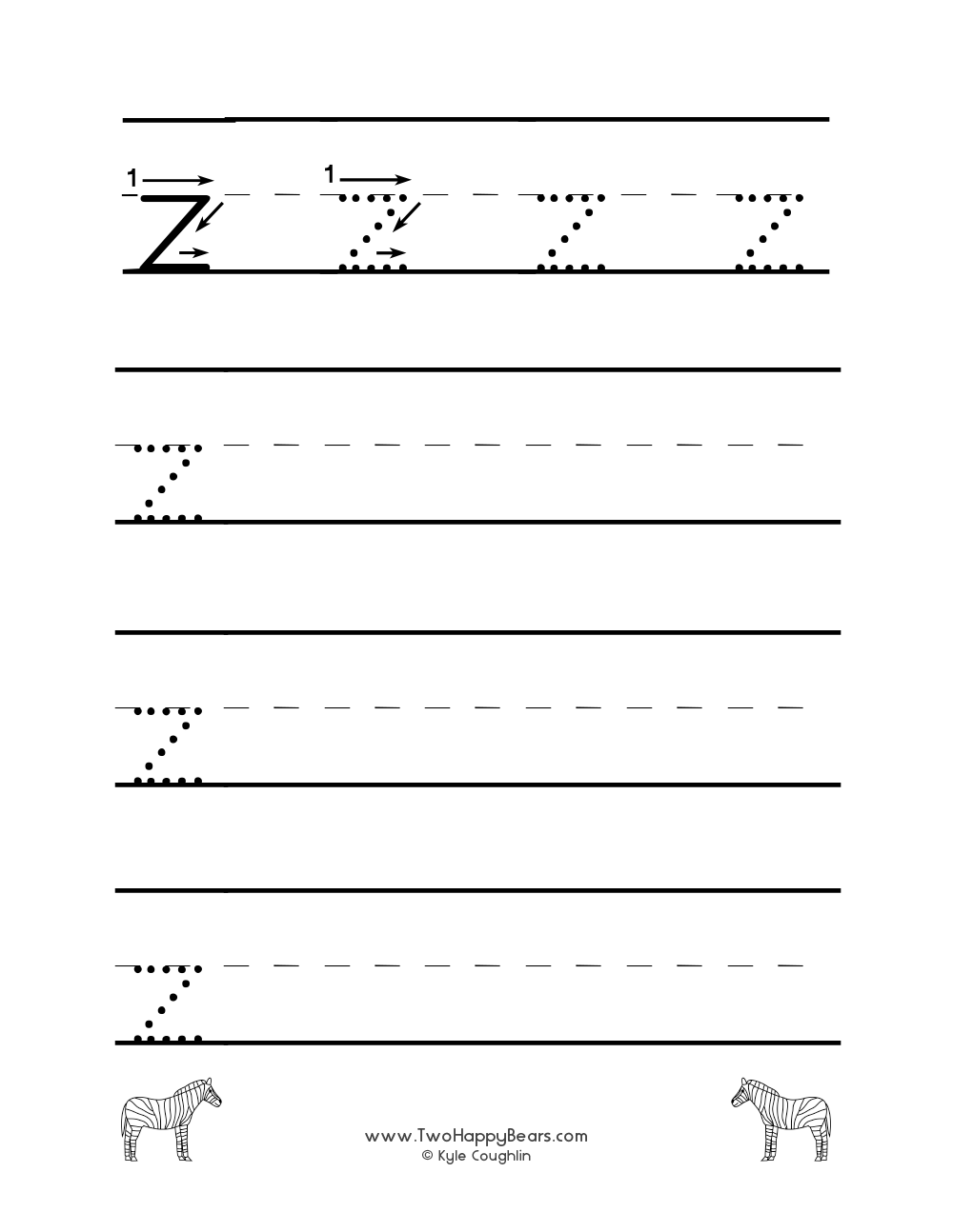 Worksheet for tracing and writing the lowercase letter Z, in free printable PDF format.