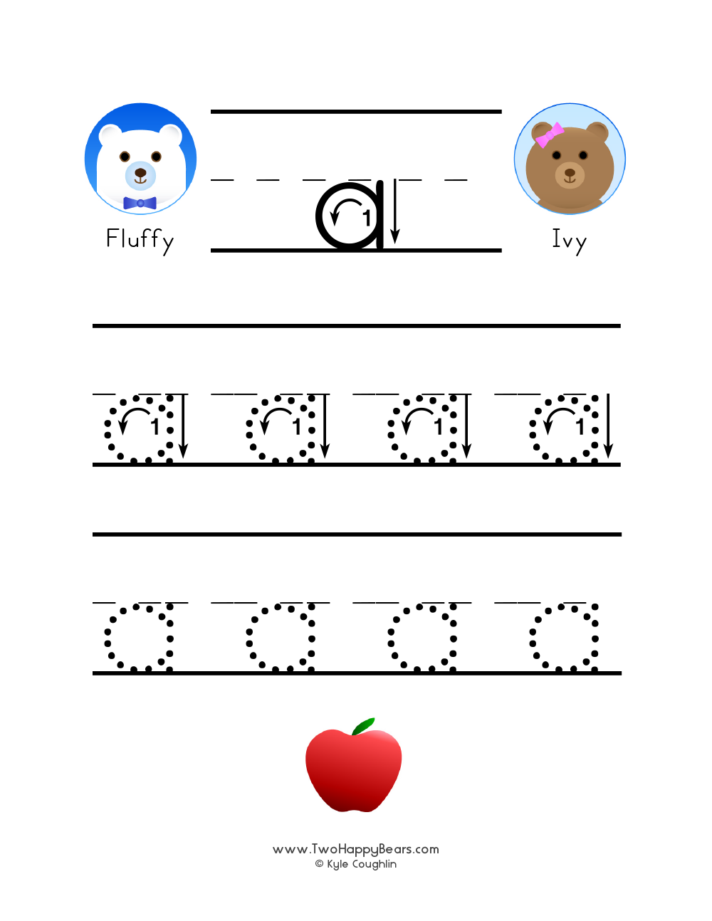 Lowercase letter A worksheet for tracing