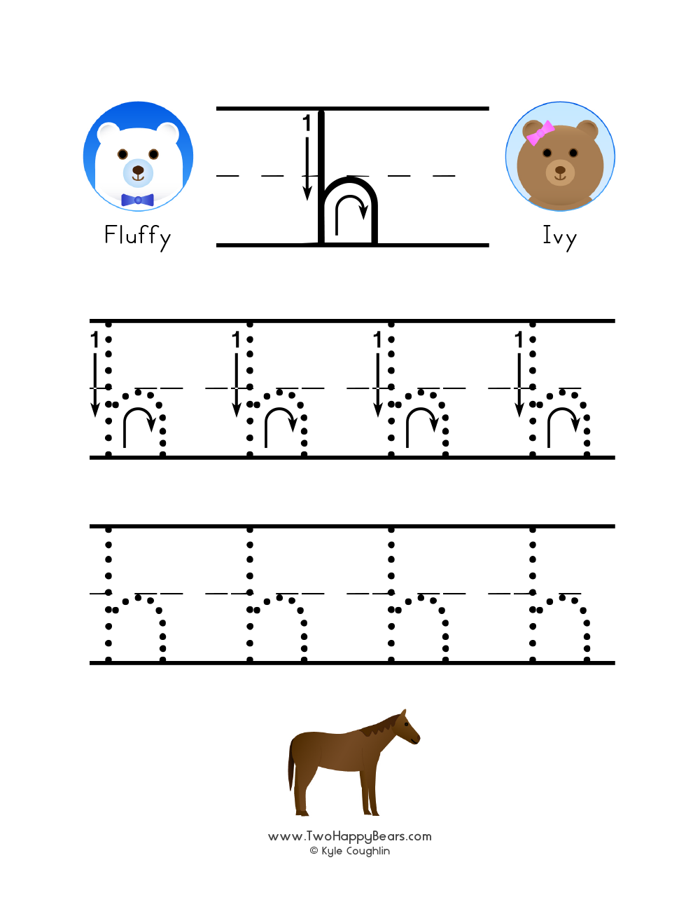 Free printable PDF with lowercase letter H to trace with guided arrows and numbers and the Two Happy Bears.