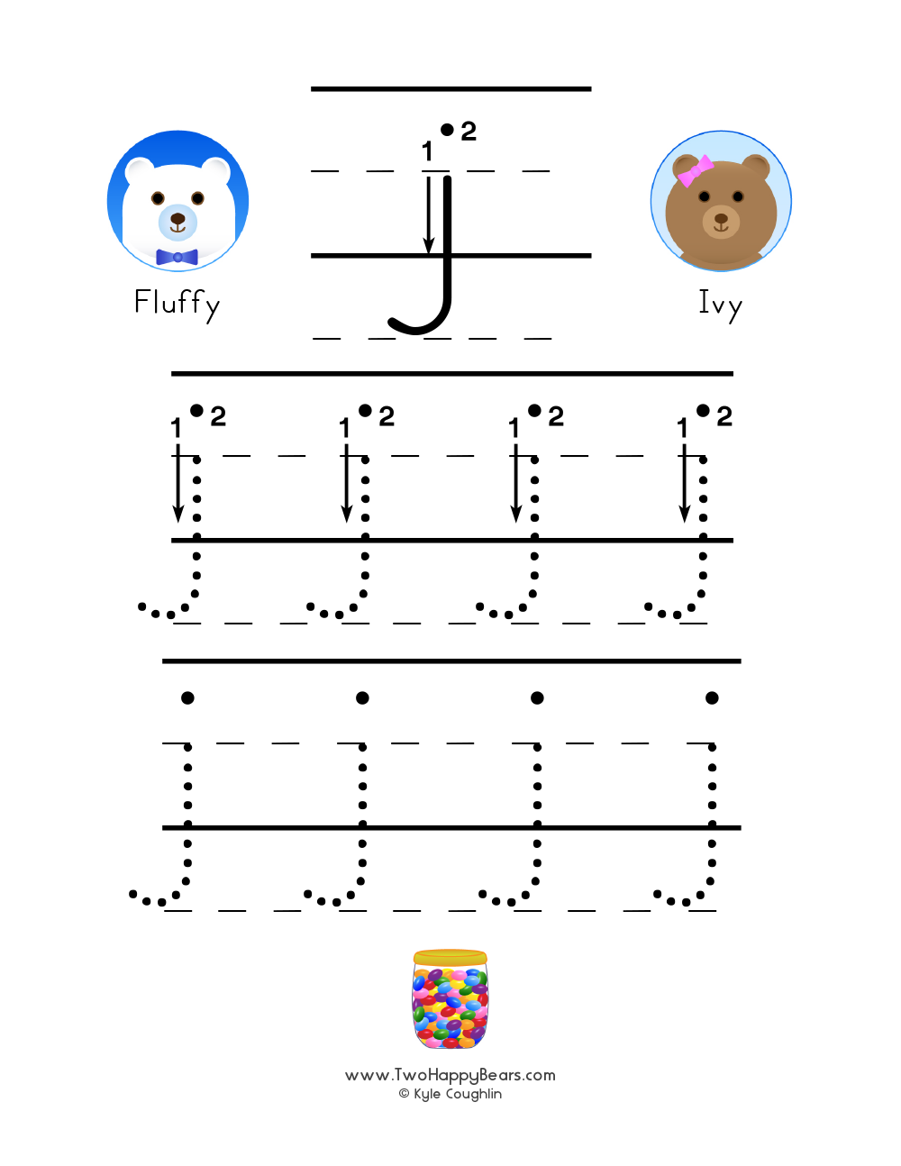 Free printable PDF with lowercase letter J to trace with guided arrows and numbers and the Two Happy Bears.