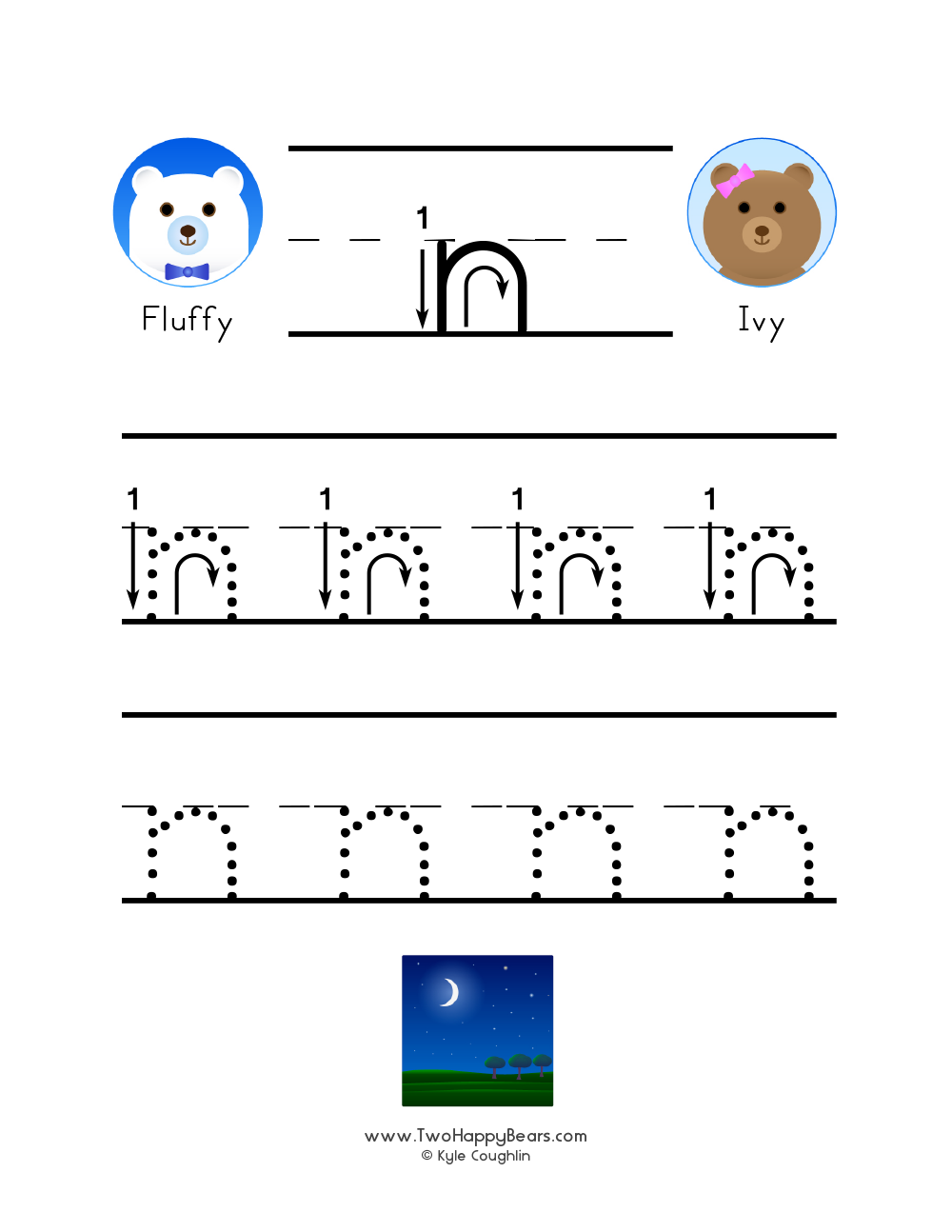 Lowercase letter N worksheet for tracing