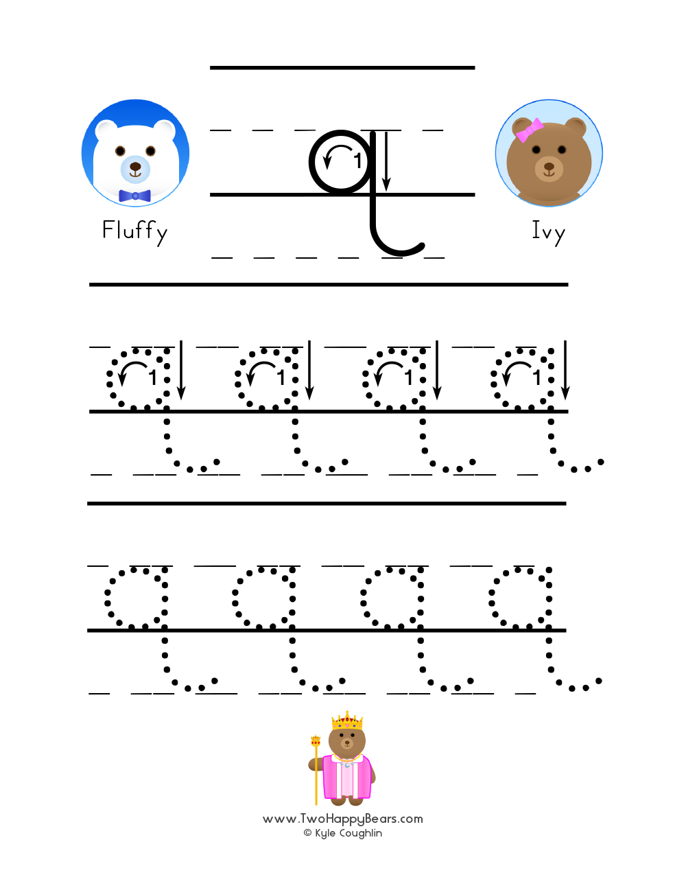 Lowercase letter Q worksheet for tracing