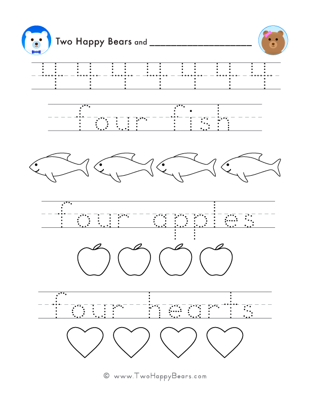 Trace several examples of the number four, trace words that represent number six, and color simple images. Free PDF.