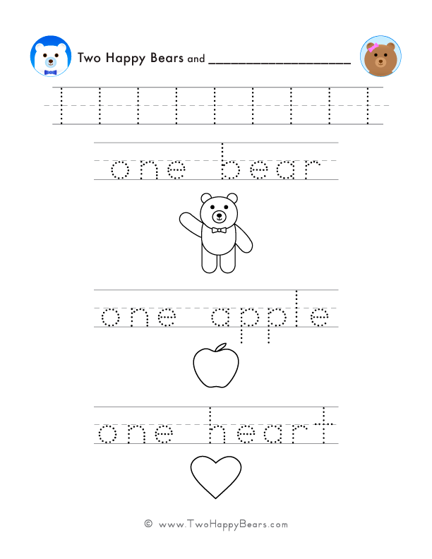 Free printable PDF for tracing, counting, and coloring the number one, with the Two Happy Bears.