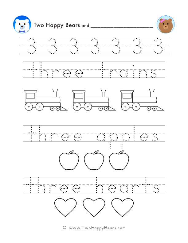 Free printable PDF for tracing, counting, and coloring the number three, with the Two Happy Bears.