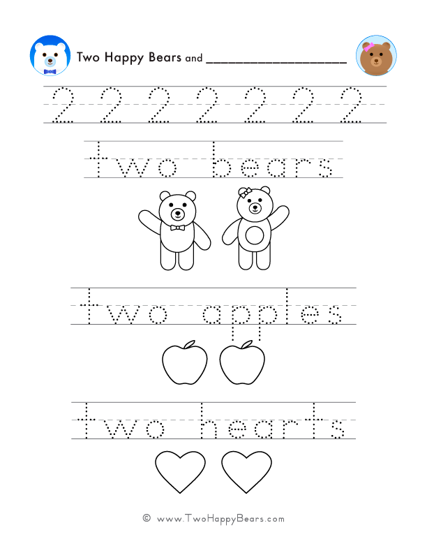 Free printable PDF for tracing, counting, and coloring the number two, with the Two Happy Bears.