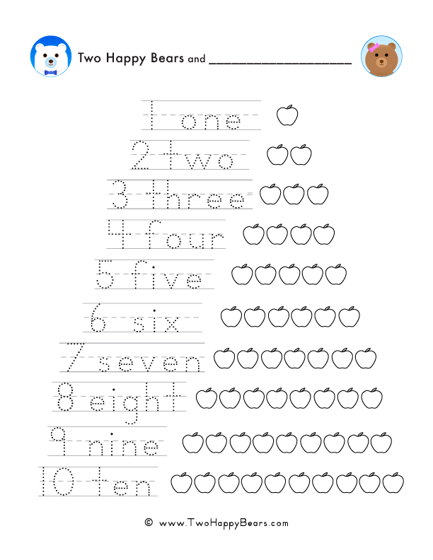 Free printable PDF for tracing, spelling, and counting the numbers one through ten, with the Two Happy Bears.