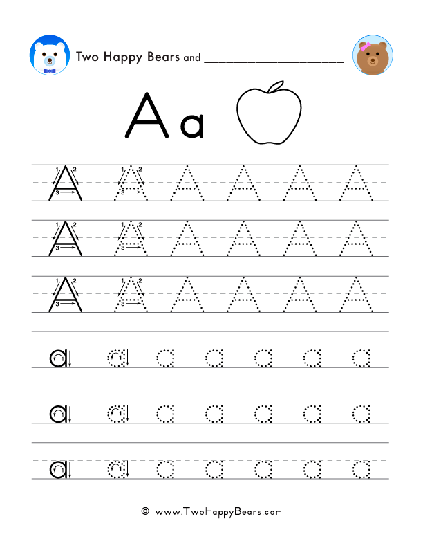 Trace the letter A, uppercase and lowercase. Six lines of guided arrows and follow-the-dots.