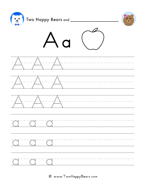 Trace the letter A with follow-the-dots examples, and write the letter yourself in uppercase and lowercase.