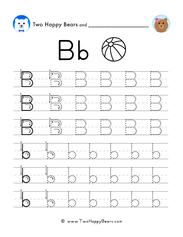 Trace the letter B, uppercase and lowercase. Six lines of guided arrows and follow-the-dots.