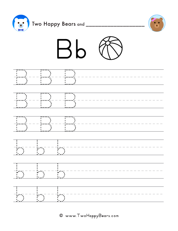 Trace the letter B with follow-the-dots examples, and write the letter yourself in uppercase and lowercase.