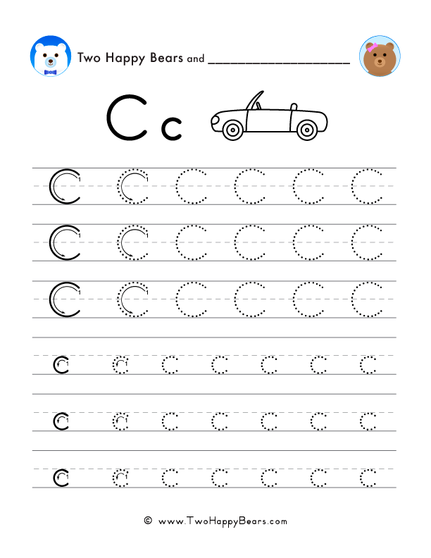 Trace the letter C, uppercase and lowercase. Six lines of guided arrows and follow-the-dots.