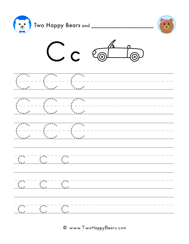 Trace the letter C with follow-the-dots examples, and write the letter yourself in uppercase and lowercase.