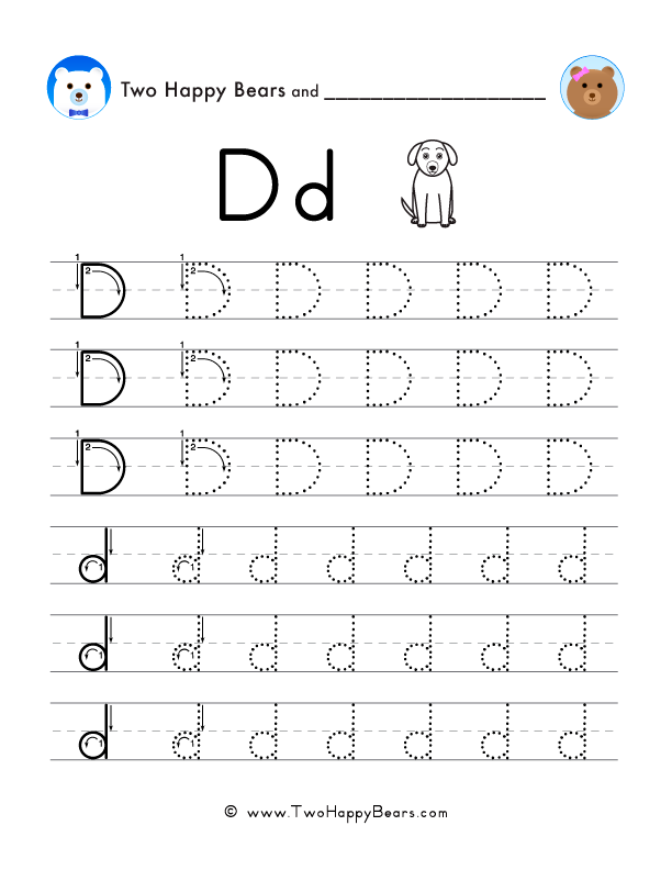 Trace the letter D, uppercase and lowercase. Six lines of guided arrows and follow-the-dots.
