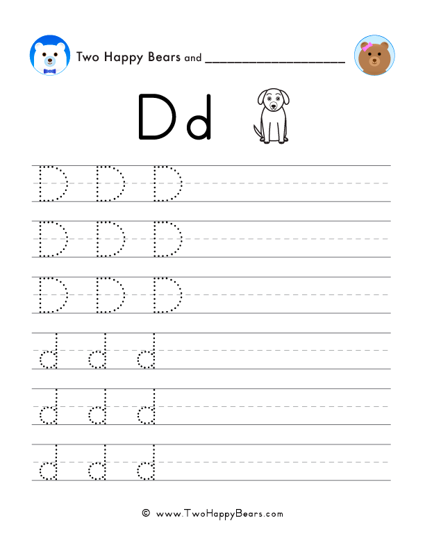Trace the letter D with follow-the-dots examples, and write the letter yourself in uppercase and lowercase.