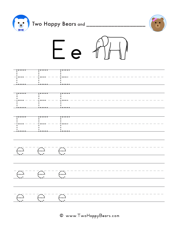 Trace the letter E with follow-the-dots examples, and write the letter yourself in uppercase and lowercase.
