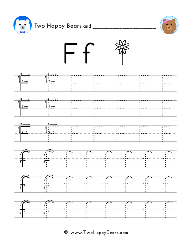 Trace the letter F, uppercase and lowercase. Six lines of guided arrows and follow-the-dots.