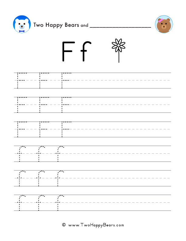 Trace the letter F with follow-the-dots examples, and write the letter yourself in uppercase and lowercase.