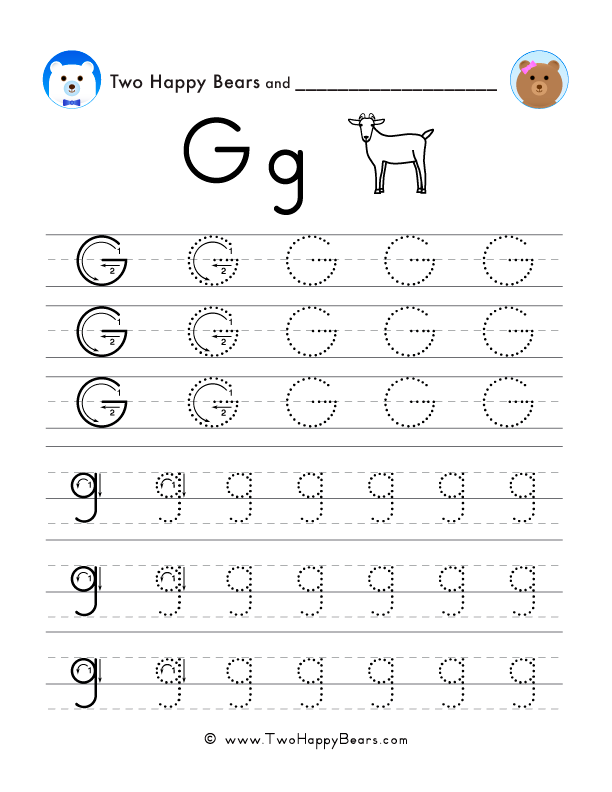 Trace the letter G, uppercase and lowercase. Six lines of guided arrows and follow-the-dots.