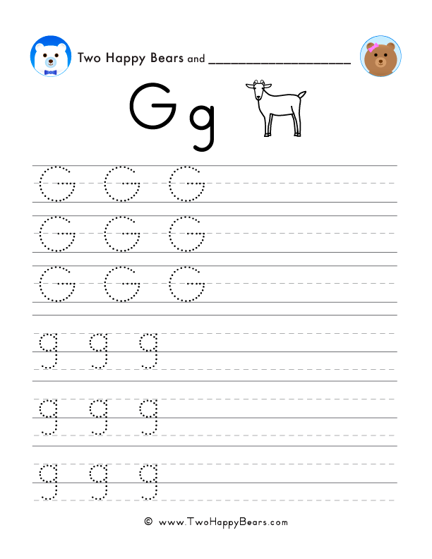 Trace the letter G with follow-the-dots examples, and write the letter yourself in uppercase and lowercase.