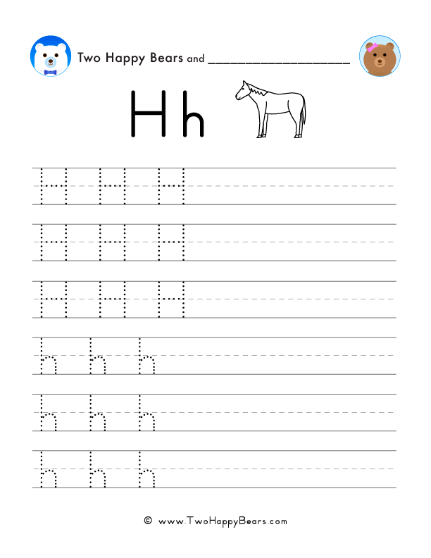 Trace the letter H with follow-the-dots examples, and write the letter yourself in uppercase and lowercase.