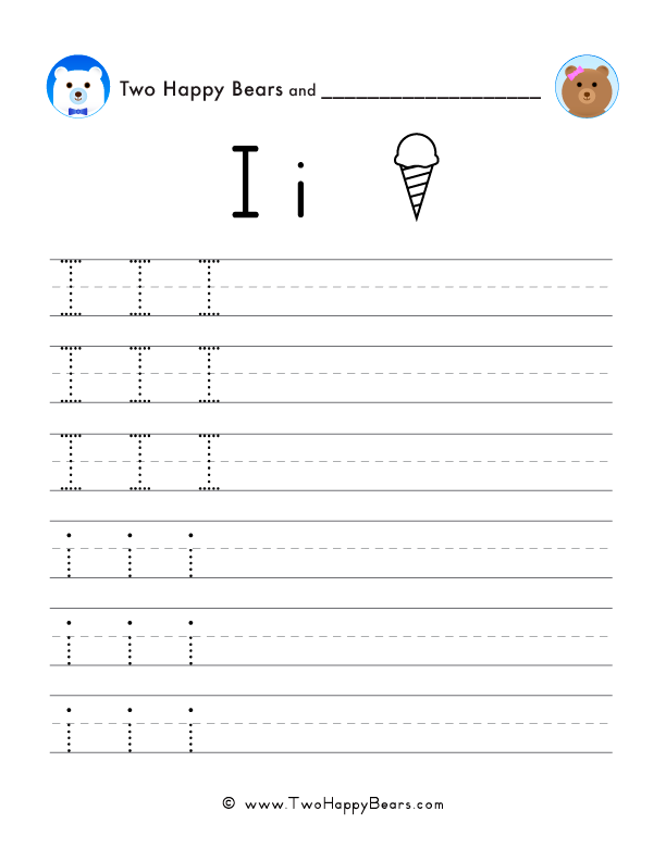 Trace the letter I with follow-the-dots examples, and write the letter yourself in uppercase and lowercase.