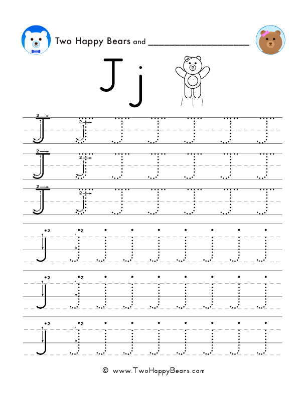 Trace the letter J, uppercase and lowercase. Six lines of guided arrows and follow-the-dots.