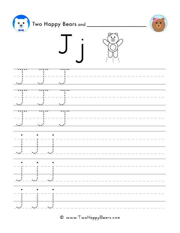 Trace the letter J with follow-the-dots examples, and write the letter yourself in uppercase and lowercase.