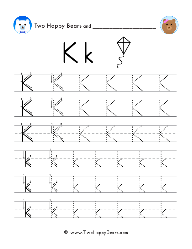 Trace the letter K, uppercase and lowercase. Six lines of guided arrows and follow-the-dots.