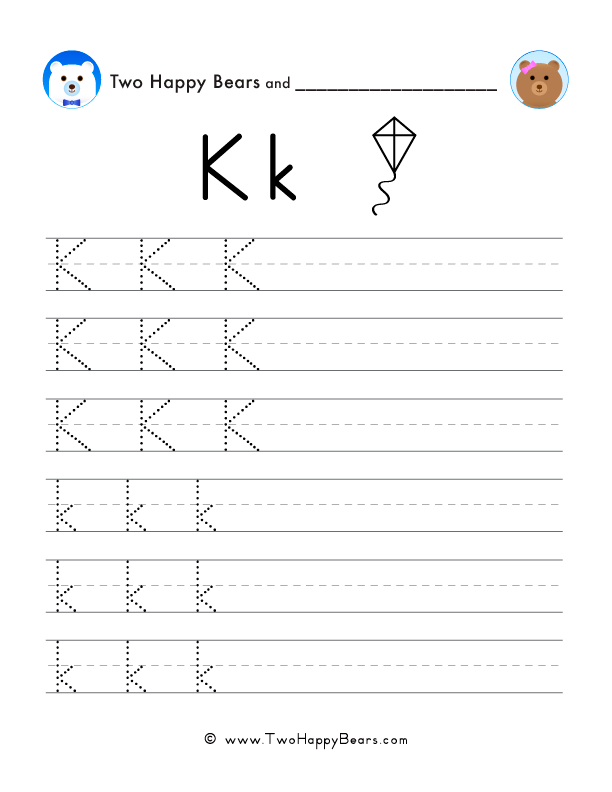 Trace the letter K with follow-the-dots examples, and write the letter yourself in uppercase and lowercase.