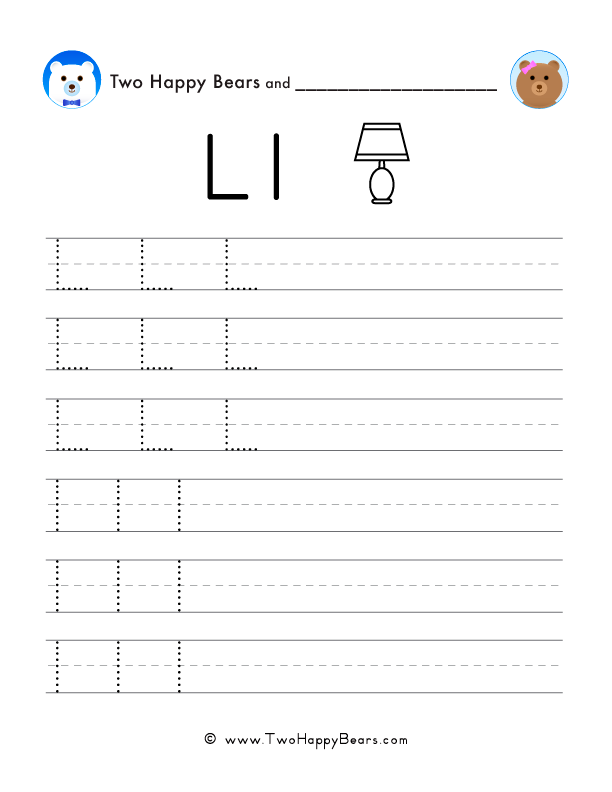 Trace the letter L with follow-the-dots examples, and write the letter yourself in uppercase and lowercase.