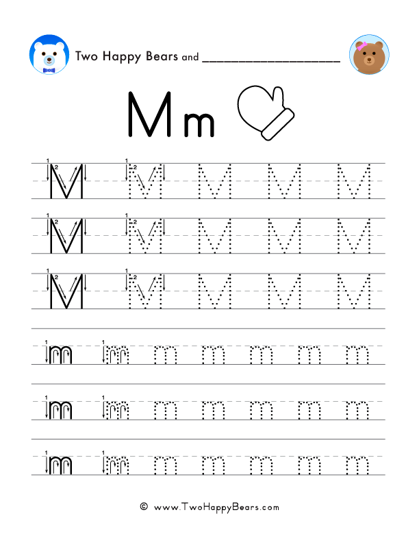 Trace the letter M, uppercase and lowercase. Six lines of guided arrows and follow-the-dots.