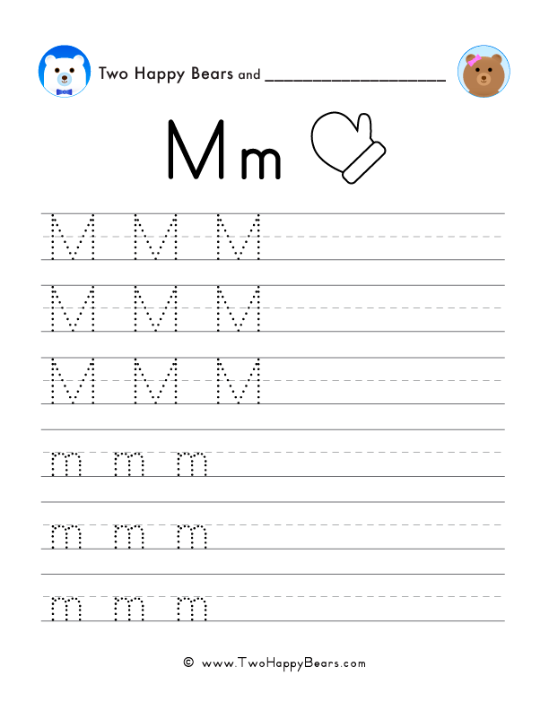 Trace the letter M with follow-the-dots examples, and write the letter yourself in uppercase and lowercase.