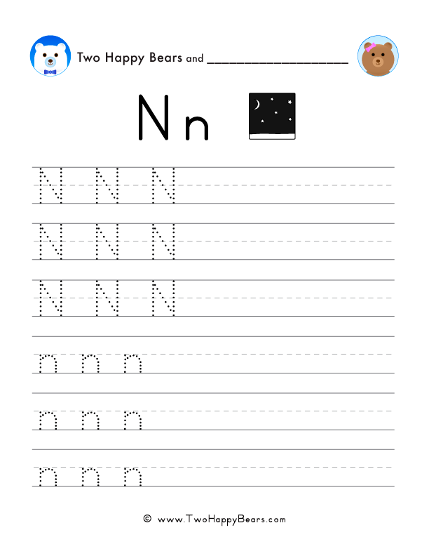 Trace the letter N with follow-the-dots examples, and write the letter yourself in uppercase and lowercase.
