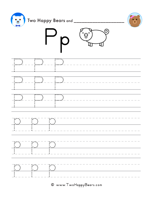 Trace the letter P with follow-the-dots examples, and write the letter yourself in uppercase and lowercase.