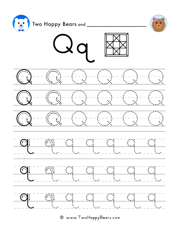 Trace the letter Q, uppercase and lowercase. Six lines of guided arrows and follow-the-dots.