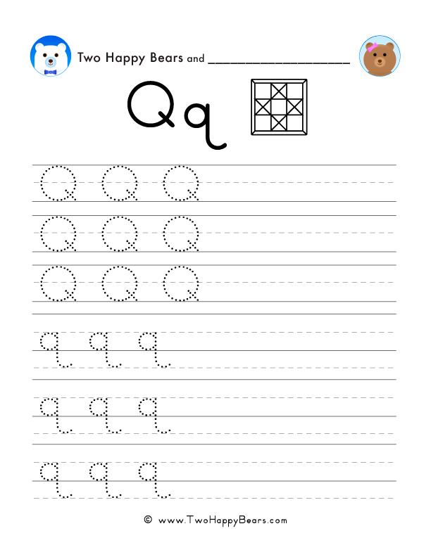 Trace the letter Q with follow-the-dots examples, and write the letter yourself in uppercase and lowercase.