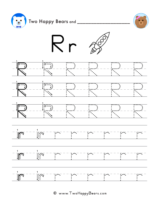 Trace the letter R, uppercase and lowercase. Six lines of guided arrows and follow-the-dots.