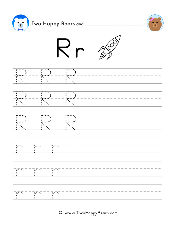 Trace the letter R with follow-the-dots examples, and write the letter yourself in uppercase and lowercase.